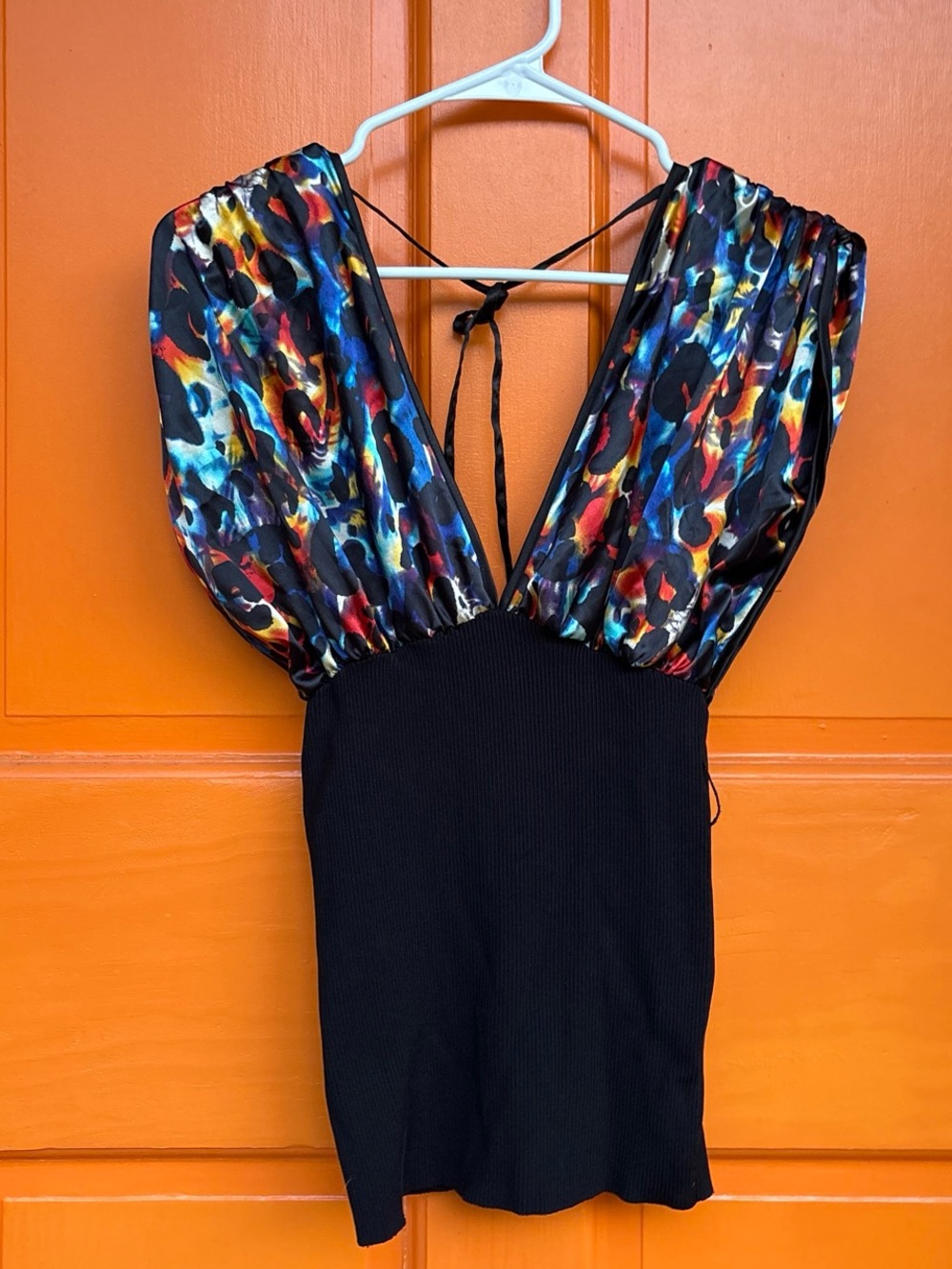 bebe Black Tank with Multicolor Satin Puff Sleeves